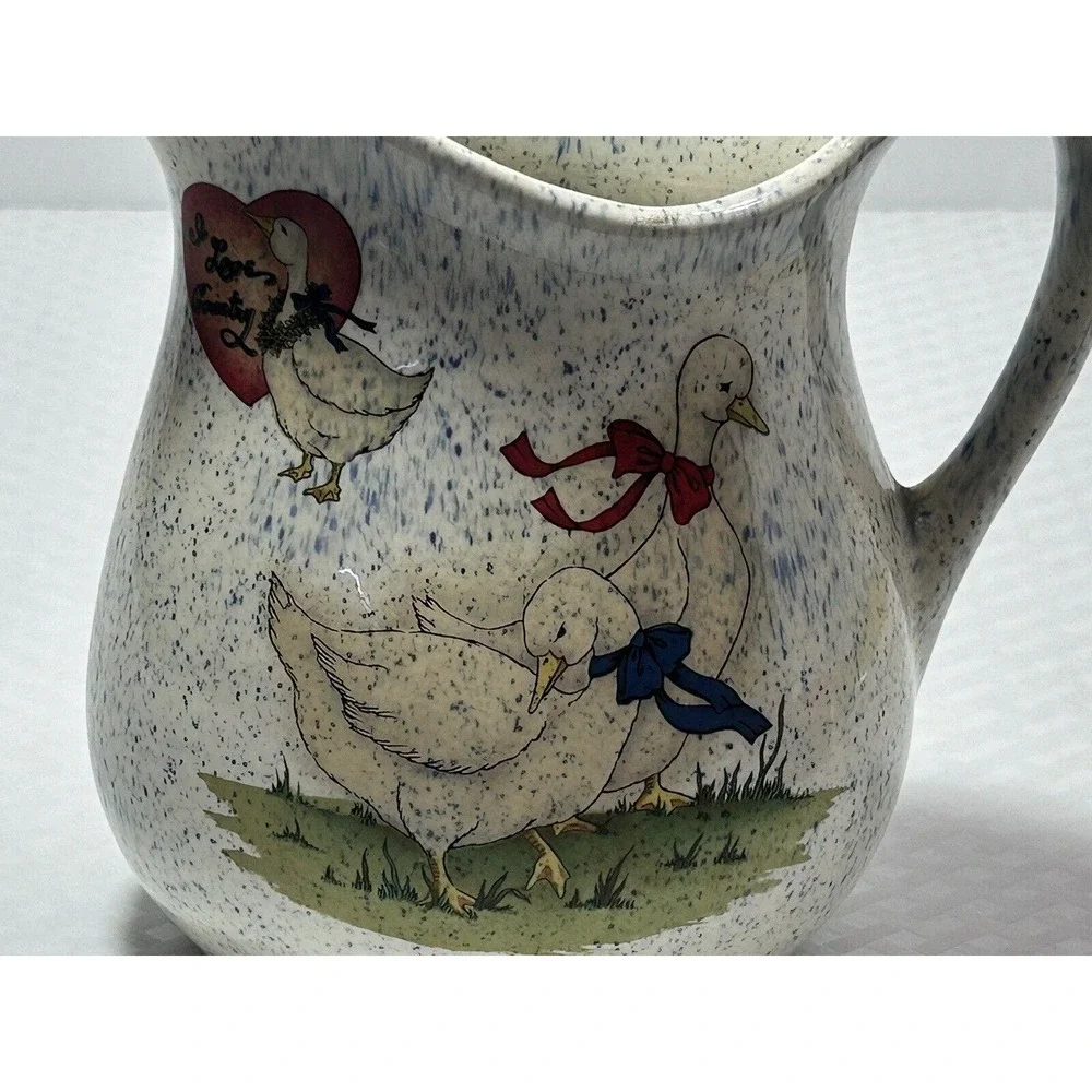 Vintage I love Country Geese speckled Blue‎ Pitcher